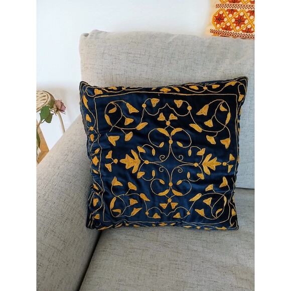 Decor Pillow DOWN 16" Blue VELVET w Gold Embroidery Exotic Fleur de Lis Regency - Picture 5 of 12